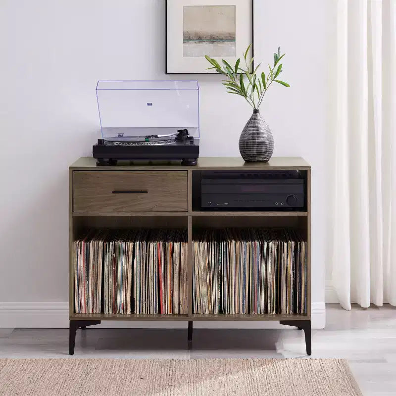 Mobile multimediale 40" Sydney Record, Noce: Portadischi in vinile, mobile multimediale con ripiani aperti