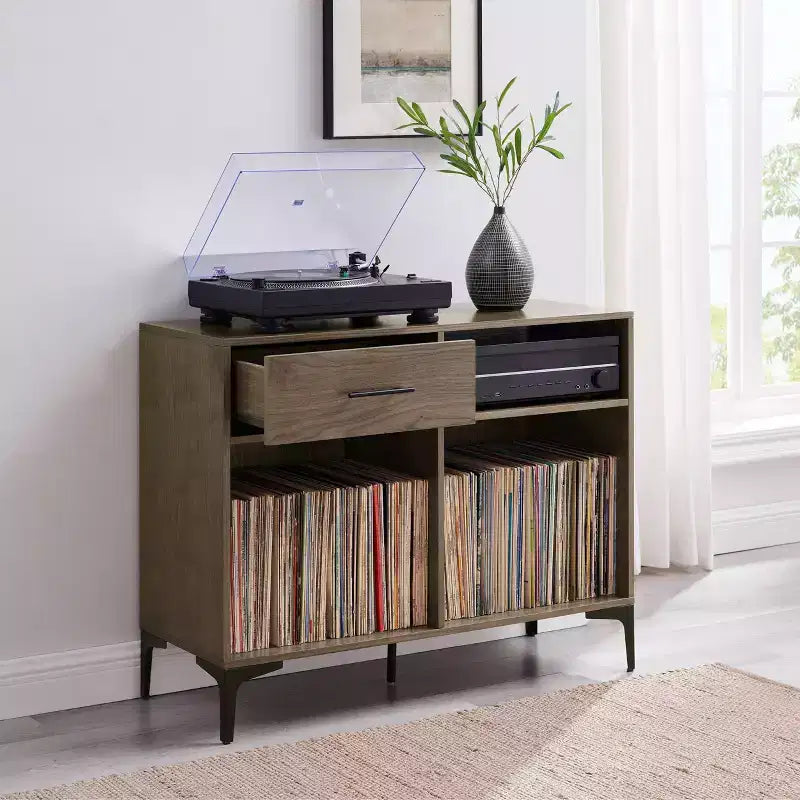 Mobile multimediale 40" Sydney Record, Noce: Portadischi in vinile, mobile multimediale con ripiani aperti