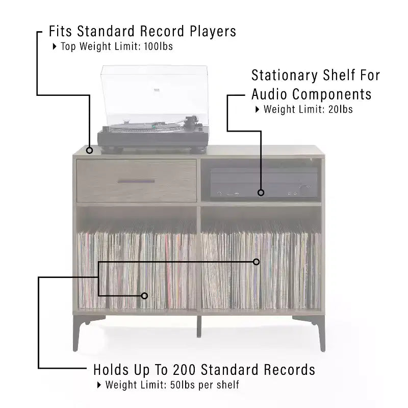 Mobile multimediale 40" Sydney Record, Noce: Portadischi in vinile, mobile multimediale con ripiani aperti