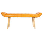 Panca in Pelle di Capra Color Tabacco: Struttura in Legno di Mango, Pouf Ottomano Rettangolare Imbottito
