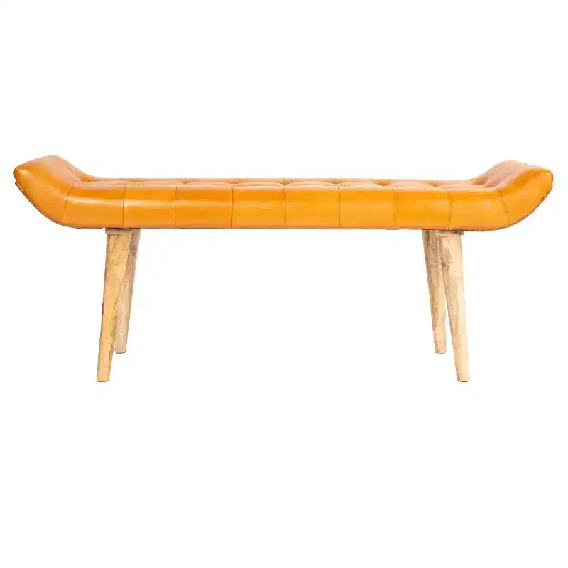 Panca in Pelle di Capra Color Tabacco: Struttura in Legno di Mango, Pouf Ottomano Rettangolare Imbottito