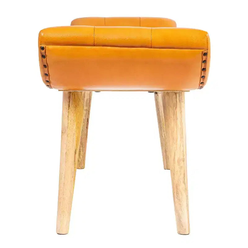 Panca in Pelle di Capra Color Tabacco: Struttura in Legno di Mango, Pouf Ottomano Rettangolare Imbottito