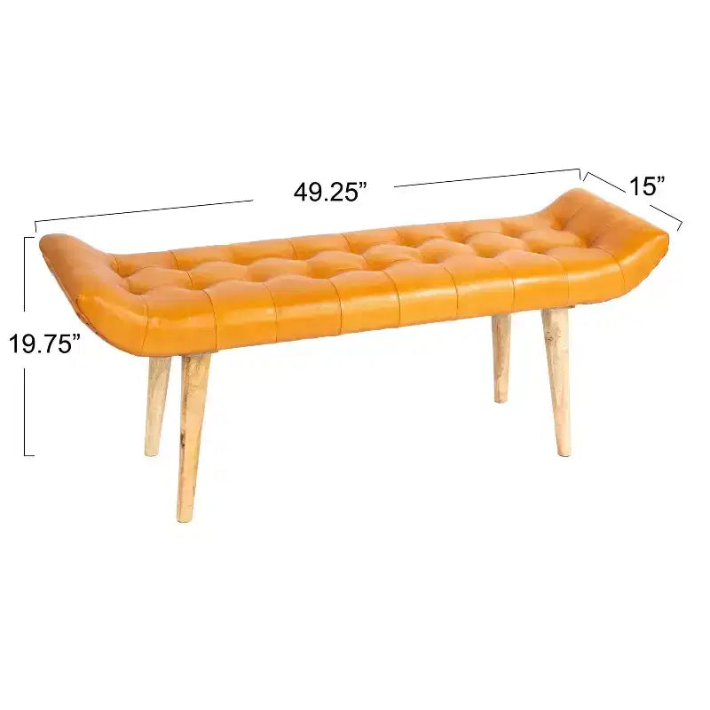 Panca in Pelle di Capra Color Tabacco: Struttura in Legno di Mango, Pouf Ottomano Rettangolare Imbottito