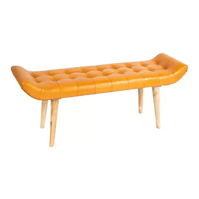 Panca in Pelle di Capra Color Tabacco: Struttura in Legno di Mango, Pouf Ottomano Rettangolare Imbottito