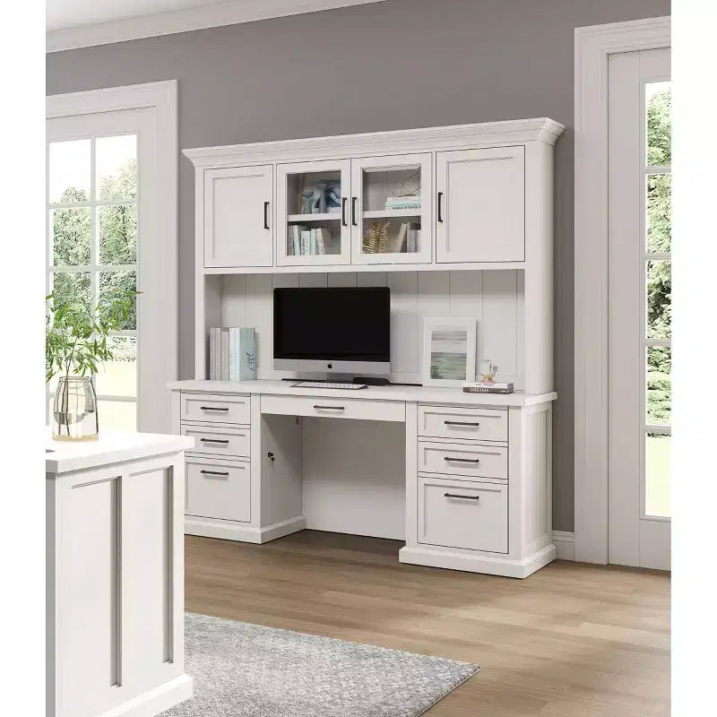 Credenza Scrivania Moderna in Legno con Sopralzo Completamente Assemblata Bianca - Collezione Abby