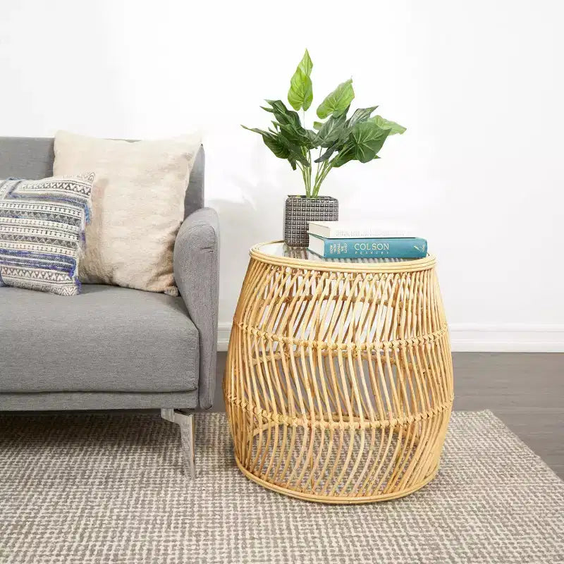Tavolino d'appoggio in rattan intrecciato a onde fatto a mano: Nessun assemblaggio, uso interno, stile costiero