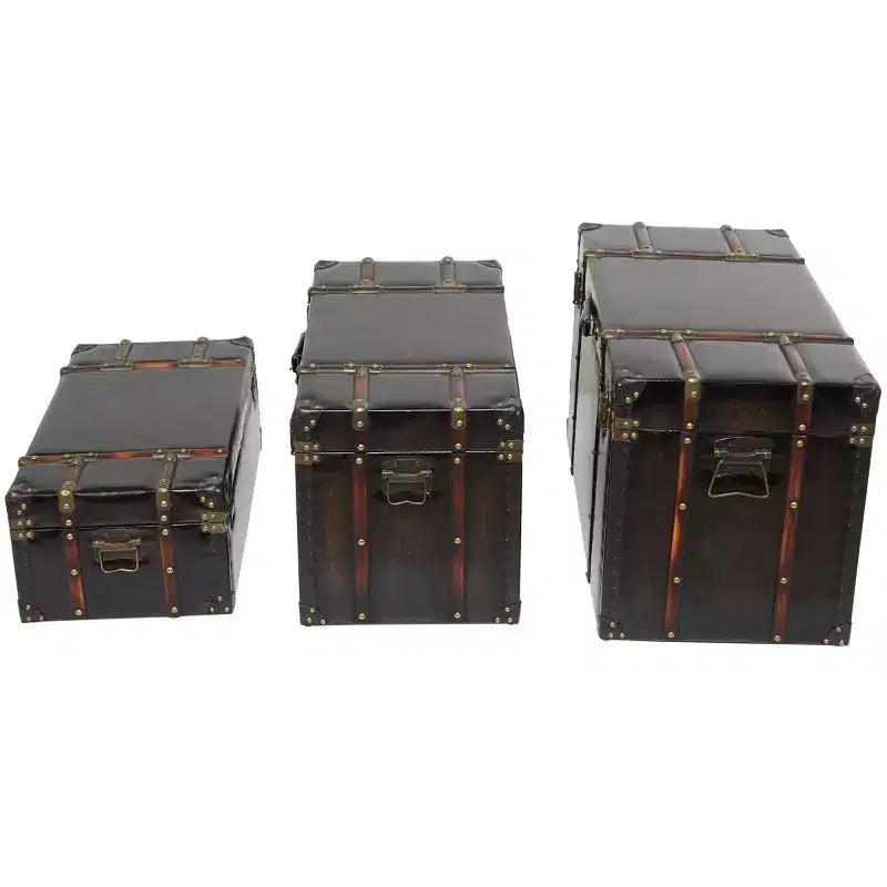Olivia & May Set di 3 Bauli Borchiati in Ecopelle con Chiusure e Maniglie Marrone Scuro: Arredamento Tradizionale per Interni, Completamente Assemblato