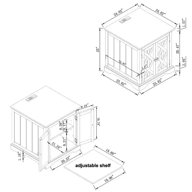 Tavolino Festivo a 2 ante grigio: stile rustico, prese USB/AC integrate, ripiano regolabile