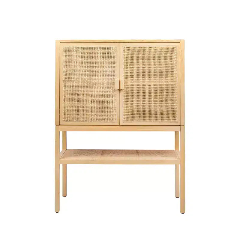 Mobile decorativo a 2 ante con ripiano, in rattan e pino, altezza 119 cm, colore naturale