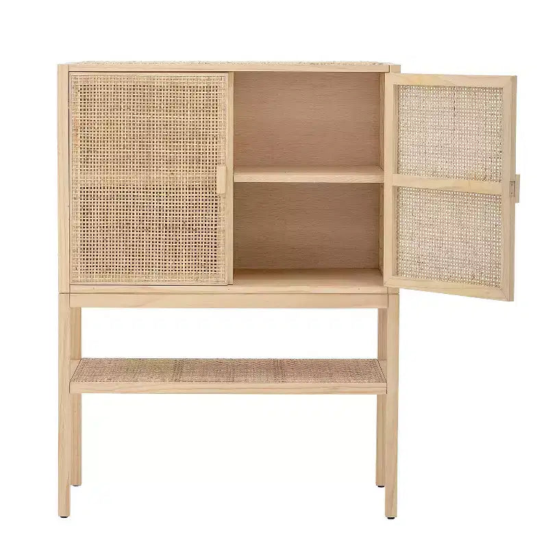 Mobile decorativo a 2 ante con ripiano, in rattan e pino, altezza 119 cm, colore naturale