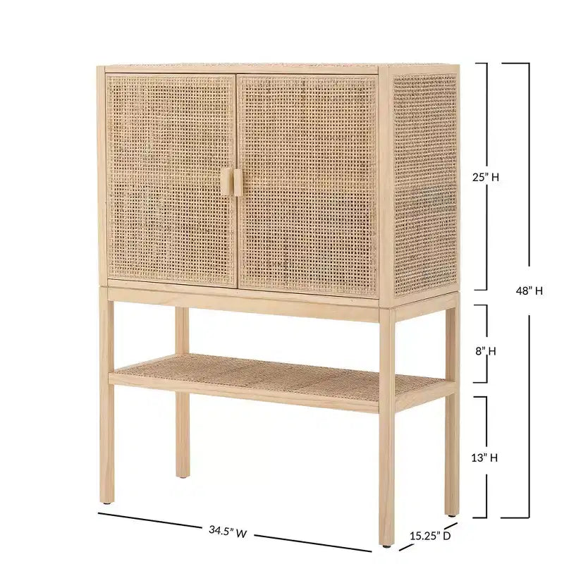 Mobile decorativo a 2 ante con ripiano, in rattan e pino, altezza 119 cm, colore naturale