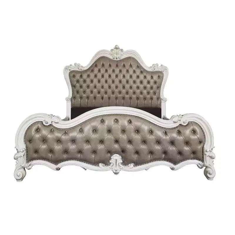 Letto matrimoniale "Queen" 99 pollici, in ecopelle grigia vintage Versailles, con bottoni capitonné
