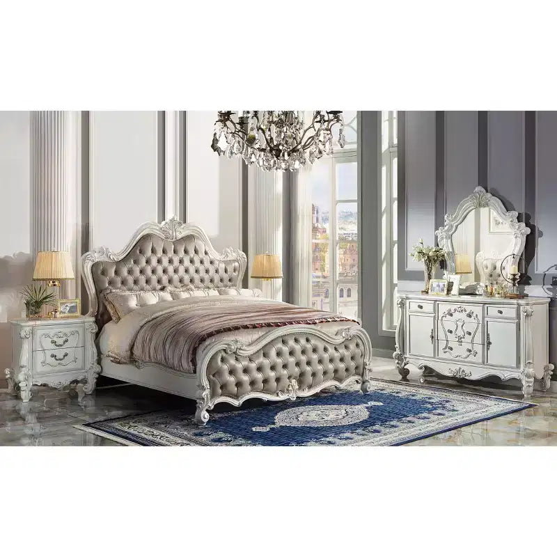 Letto matrimoniale "Queen" 99 pollici, in ecopelle grigia vintage Versailles, con bottoni capitonné