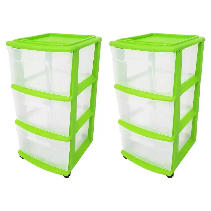 Torre Contenitore Medio a 3 Cassetti, Cassetti Trasparenti/Struttura Color Lime (Confezione da 2)
