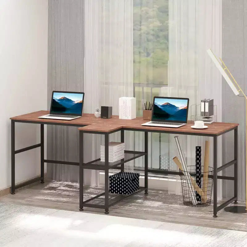 83 Scrivania per computer per due persone con 2 ripiani, postazione di lavoro doppia con libreria, tavolo lungo per ufficio domestico