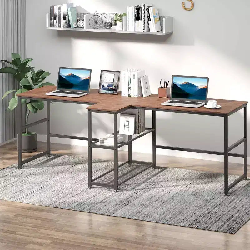 83 Scrivania per computer per due persone con 2 ripiani, postazione di lavoro doppia con libreria, tavolo lungo per ufficio domestico