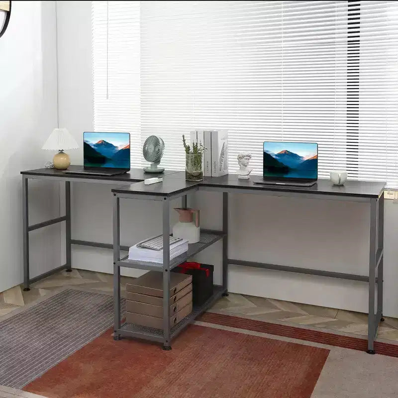 83 Scrivania per computer per due persone con 2 ripiani, postazione di lavoro doppia con libreria, tavolo lungo per ufficio domestico
