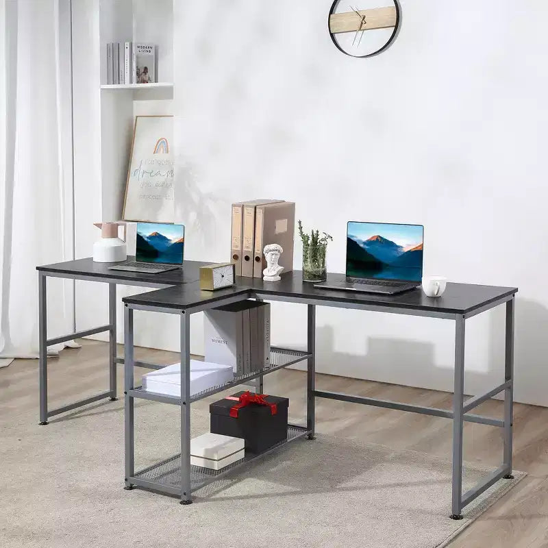 83 Scrivania per computer per due persone con 2 ripiani, postazione di lavoro doppia con libreria, tavolo lungo per ufficio domestico