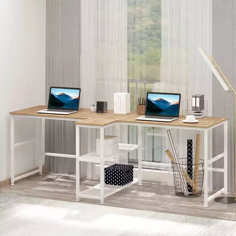 83 Scrivania per computer per due persone con 2 ripiani, postazione di lavoro doppia con libreria, tavolo lungo per ufficio domestico