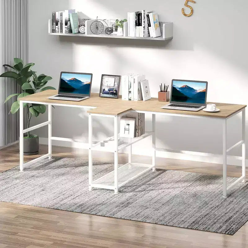 83 Scrivania per computer per due persone con 2 ripiani, postazione di lavoro doppia con libreria, tavolo lungo per ufficio domestico