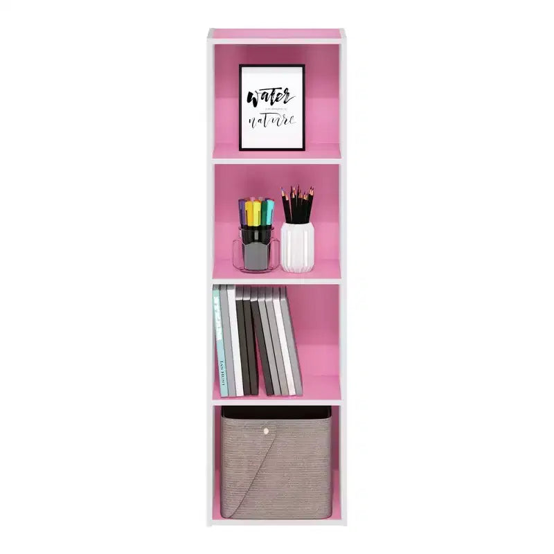 Libreria aperta a 4 ripiani reversibile, scaffale portaoggetti sottile, espositore