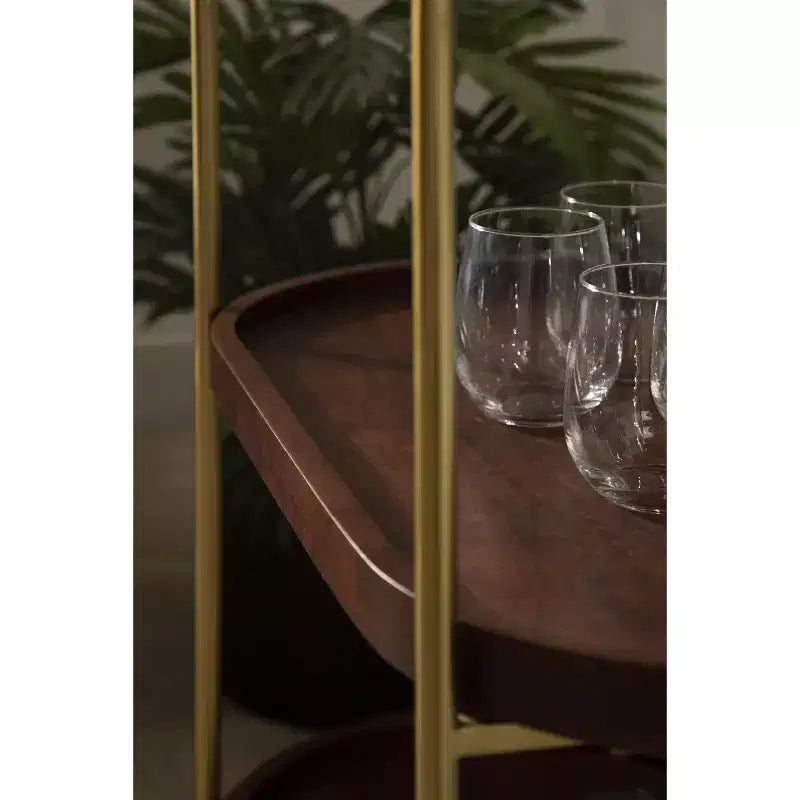 Carrello bar Maxfield ovale in legno, 26x13x36, noce e oro