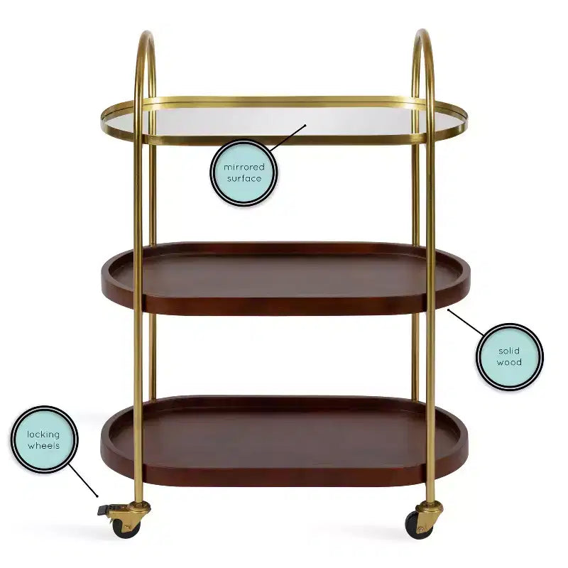 Carrello bar Maxfield ovale in legno, 26x13x36, noce e oro