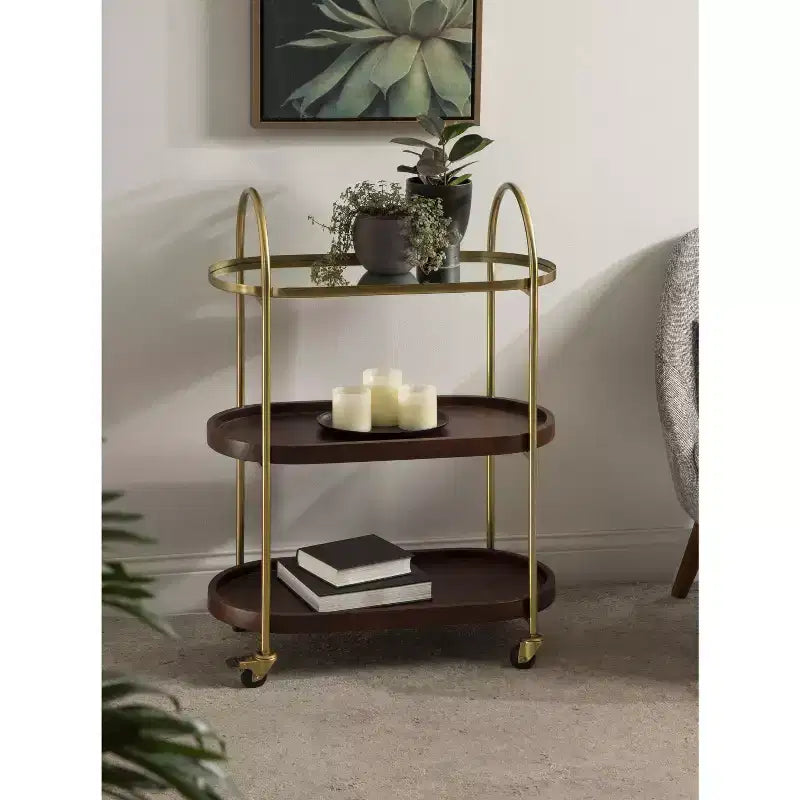 Carrello bar Maxfield ovale in legno, 26x13x36, noce e oro