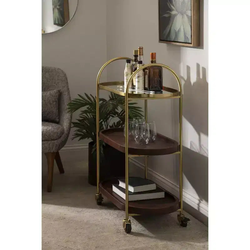 Carrello bar Maxfield ovale in legno, 26x13x36, noce e oro