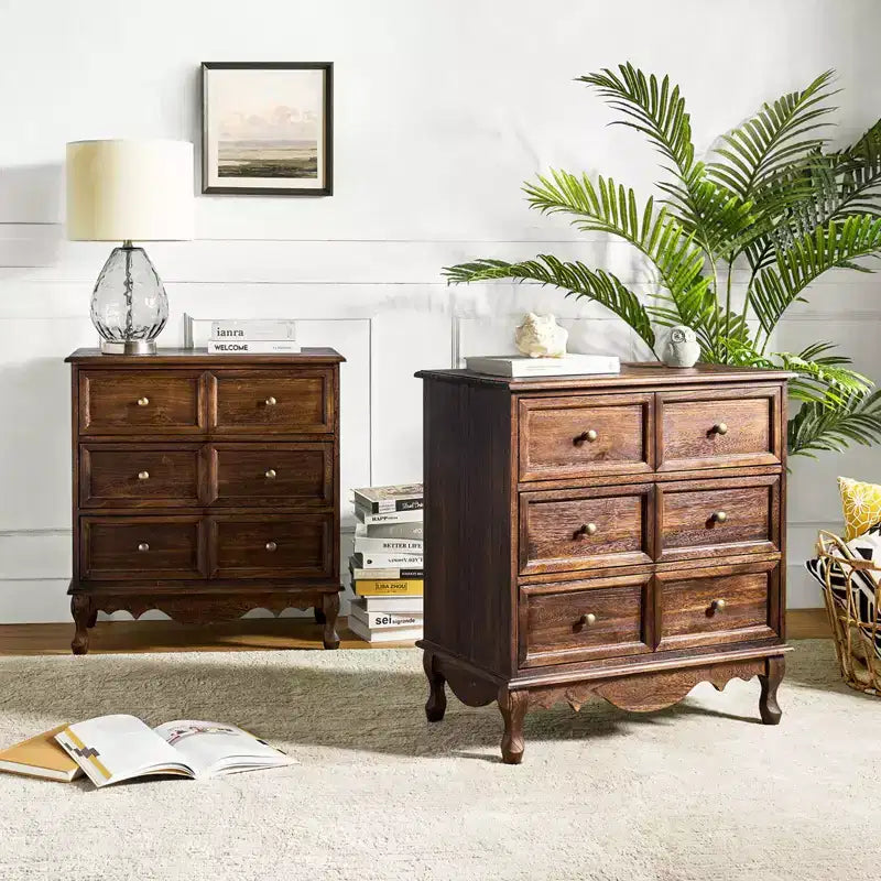 Set di 2 cassettiere accentate tradizionali Galatea da 81 cm in legno massello con 3 cassetti e stazione di ricarica