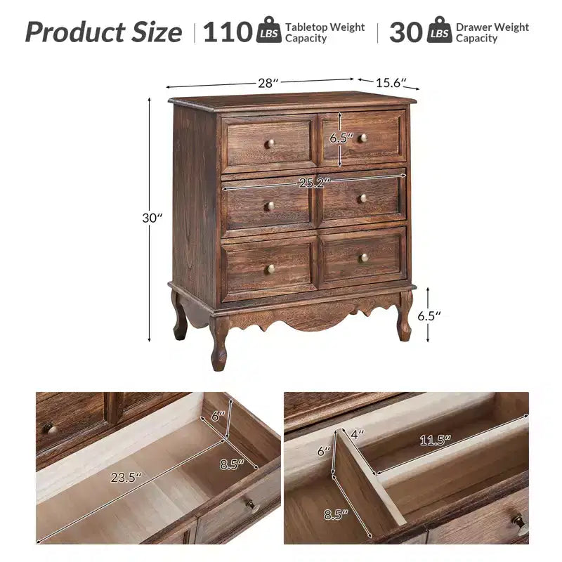 Set di 2 cassettiere accentate tradizionali Galatea da 81 cm in legno massello con 3 cassetti e stazione di ricarica
