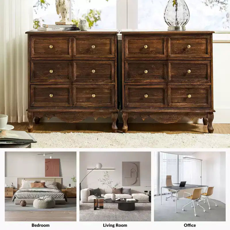 Set di 2 cassettiere accentate tradizionali Galatea da 81 cm in legno massello con 3 cassetti e stazione di ricarica