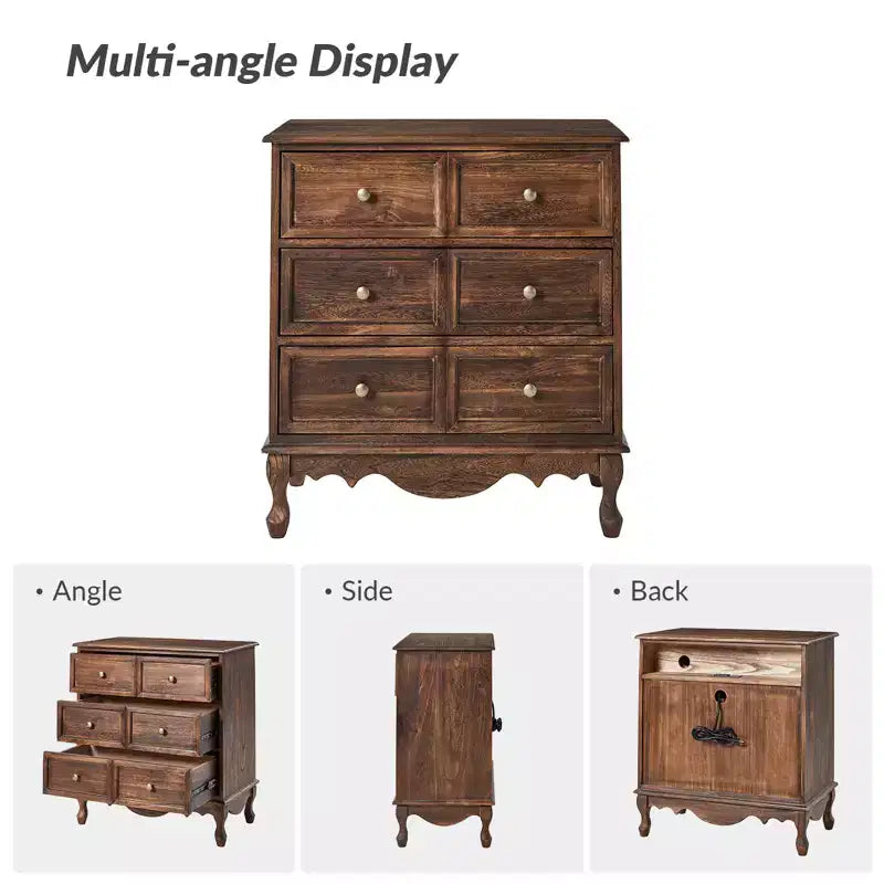 Set di 2 cassettiere accentate tradizionali Galatea da 81 cm in legno massello con 3 cassetti e stazione di ricarica