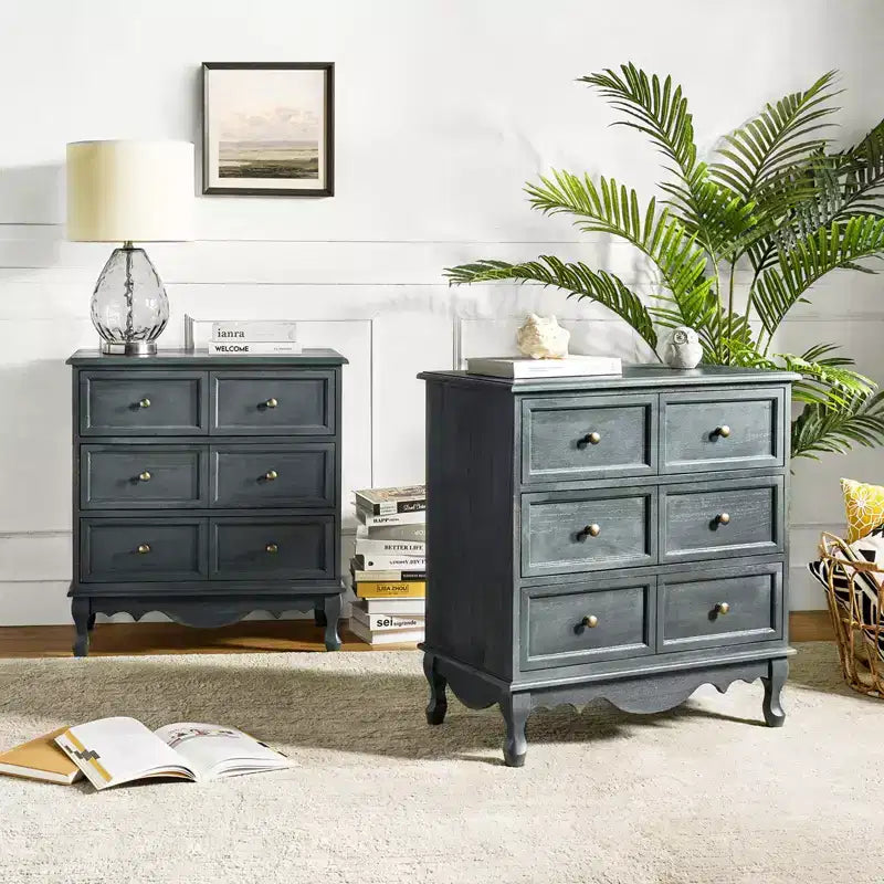 Set di 2 cassettiere accentate tradizionali Galatea da 81 cm in legno massello con 3 cassetti e stazione di ricarica
