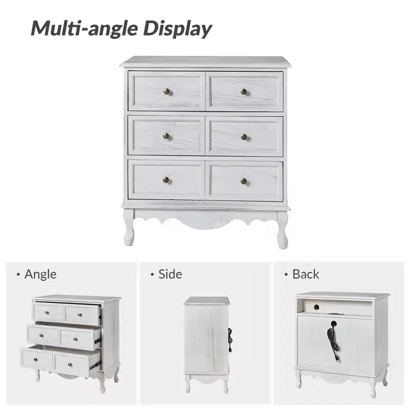 Set di 2 cassettiere accentate tradizionali Galatea da 81 cm in legno massello con 3 cassetti e stazione di ricarica