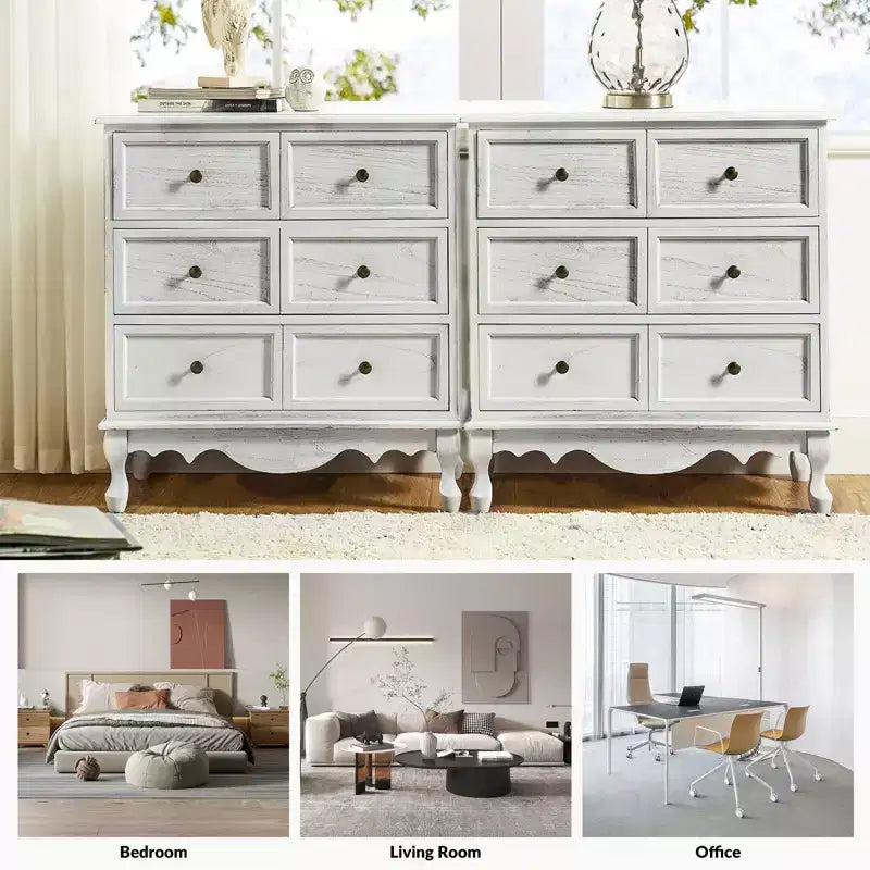 Set di 2 cassettiere accentate tradizionali Galatea da 81 cm in legno massello con 3 cassetti e stazione di ricarica