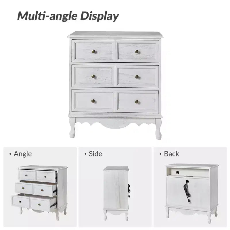 Set di 2 cassettiere accentate tradizionali Galatea da 81 cm in legno massello con 3 cassetti e stazione di ricarica
