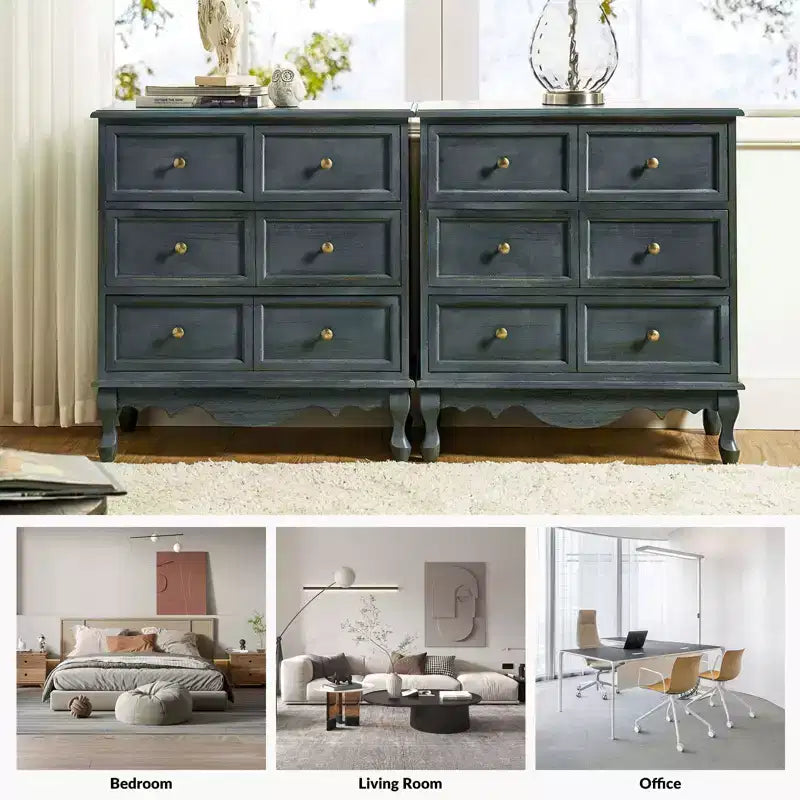 Set di 2 cassettiere accentate tradizionali Galatea da 81 cm in legno massello con 3 cassetti e stazione di ricarica