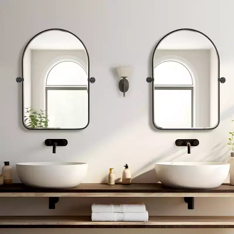 Specchio girevole da bagno a forma di arco con cornice in metallo, confezione da 2 pezzi