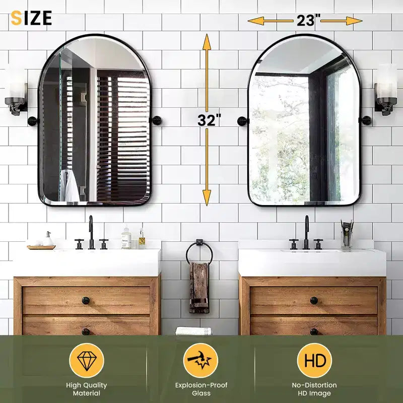 Specchio girevole da bagno a forma di arco con cornice in metallo, confezione da 2 pezzi