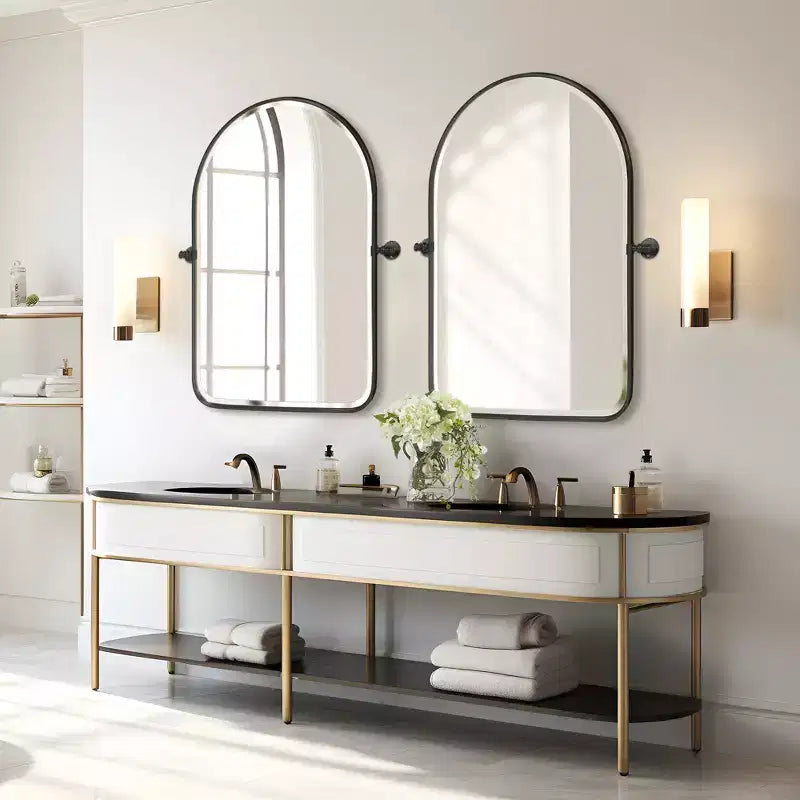 Specchio girevole da bagno a forma di arco con cornice in metallo, confezione da 2 pezzi