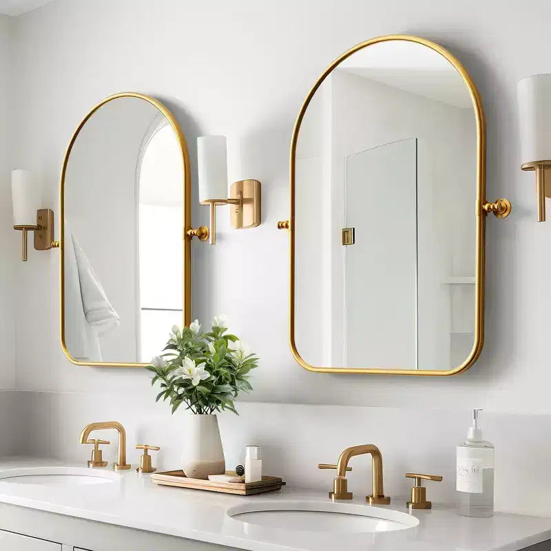 Specchio girevole da bagno a forma di arco con cornice in metallo, confezione da 2 pezzi