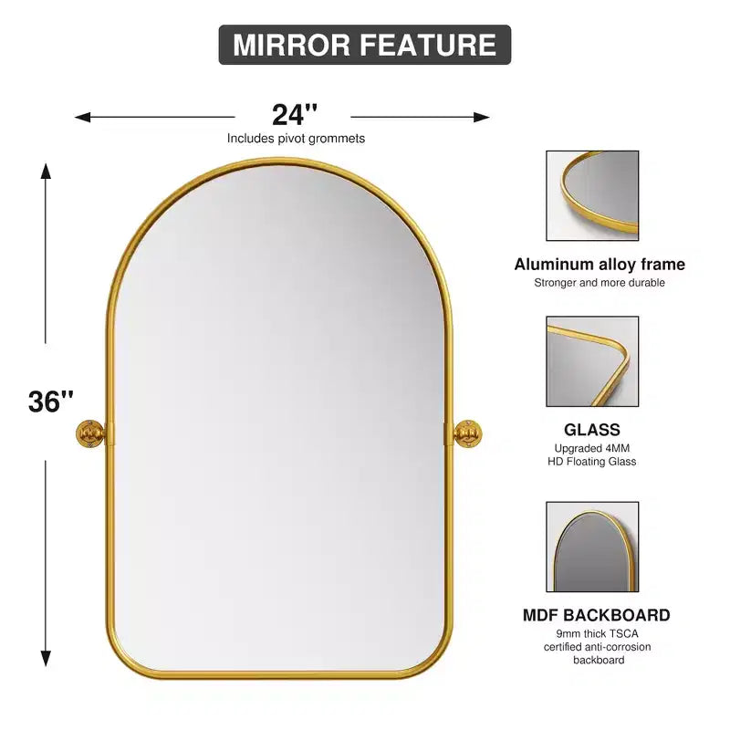 Specchio girevole da bagno a forma di arco con cornice in metallo, confezione da 2 pezzi