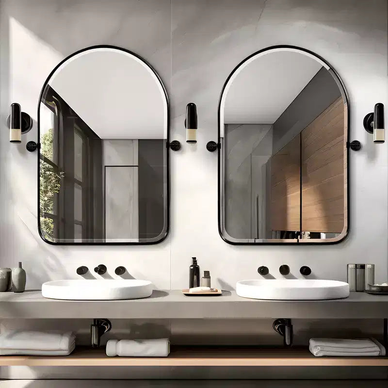 Specchio girevole da bagno a forma di arco con cornice in metallo, confezione da 2 pezzi