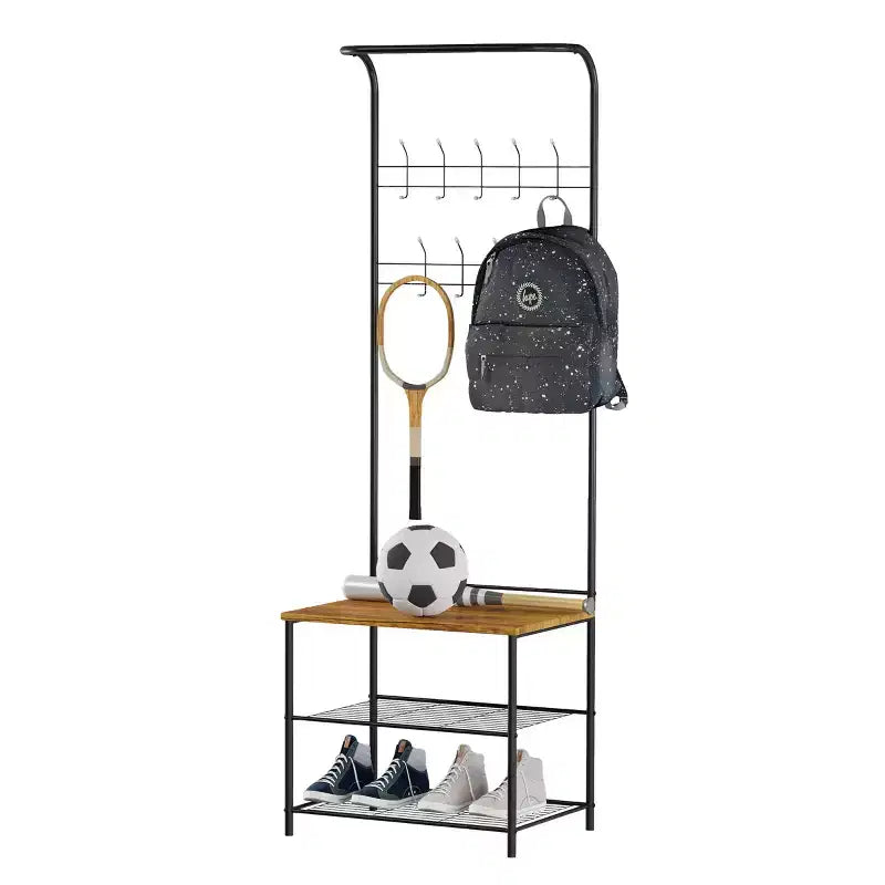 Hasting Home Entryway Bench with Coat Rack  Metal Hall Tree with Seat, Hooks, and Shoe Storage