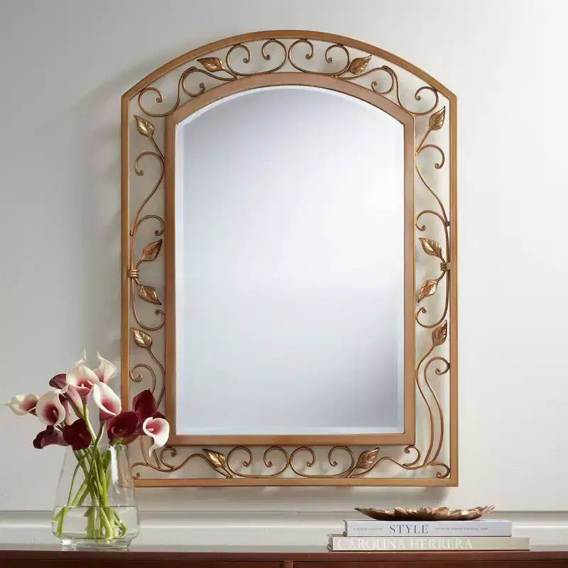 Specchio da Parete da Toeletta Eden Park con Arco Superiore, Vintage Francese, con Bordo Smussato, con Cornice in Metallo Dorato a Motivo Floreale con Vite, Larghezza 63,5 cm, per Bagno