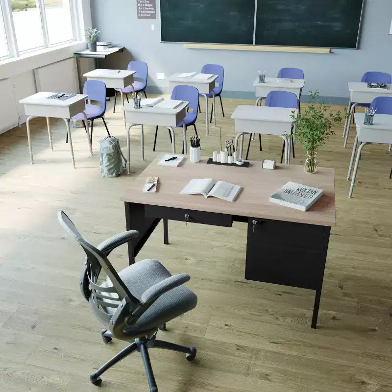 Scrivania Cambridge con Piedistallo Singolo di Grado Commerciale con Cassetti Bloccabili e Struttura in Metallo