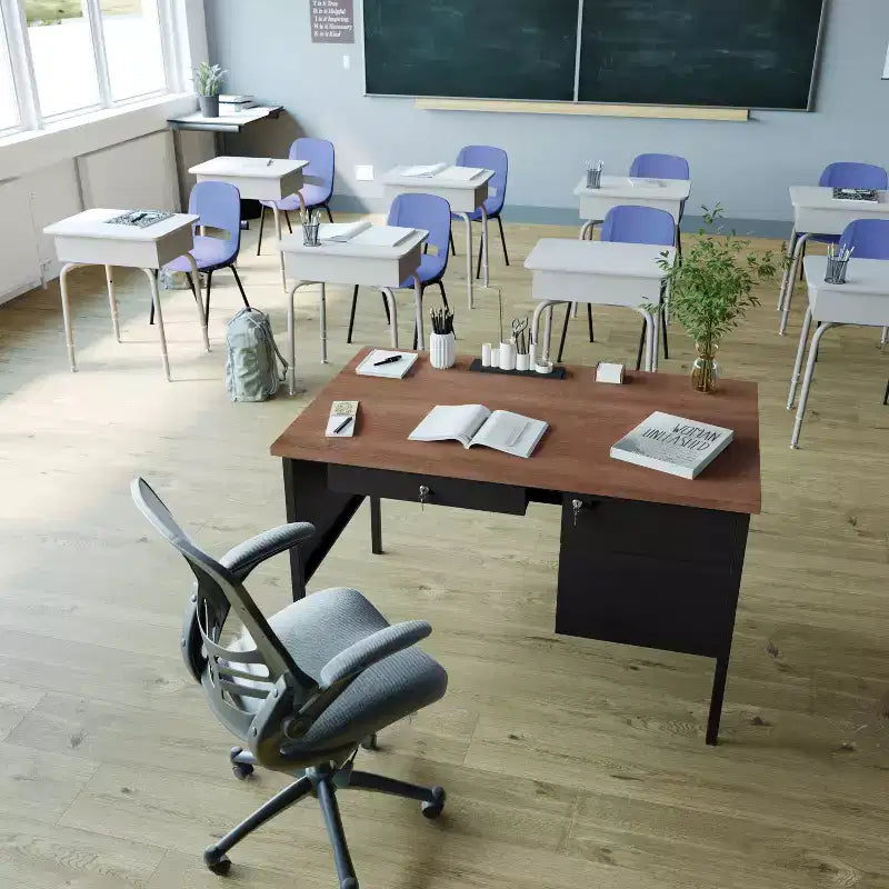 Scrivania Cambridge con Piedistallo Singolo di Grado Commerciale con Cassetti Bloccabili e Struttura in Metallo