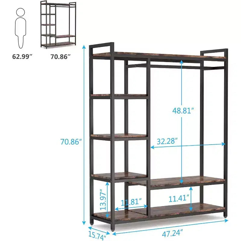 Organizzatore per armadio indipendente, armadio porta abiti resistente, stender portatile con 6 ripiani e asta appendiabiti
