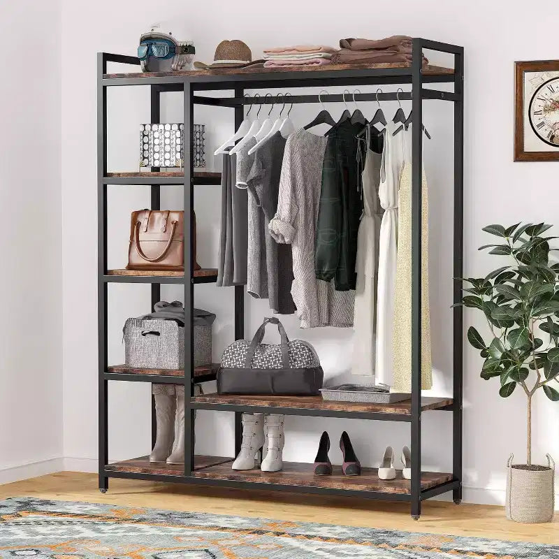 Organizzatore per armadio indipendente, armadio porta abiti resistente, stender portatile con 6 ripiani e asta appendiabiti